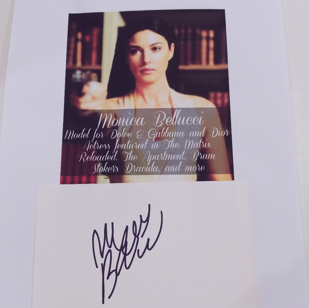 Monica Bellucci Autographed Index Card and Photo Sheet